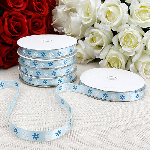 1 cm Çiçek Baskılı Saten Kurdele Bebe Mavisi 10 Metre - Toptanalim