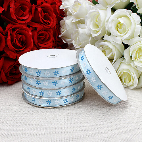 1 cm Çiçek Baskılı Saten Kurdele Bebe Mavisi 10 Metre - 3