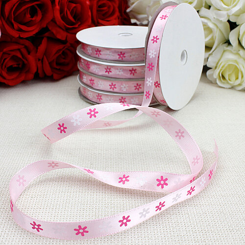 1 cm Çiçek Baskılı Saten Kurdele Pembe 10 Metre - Toptanalim
