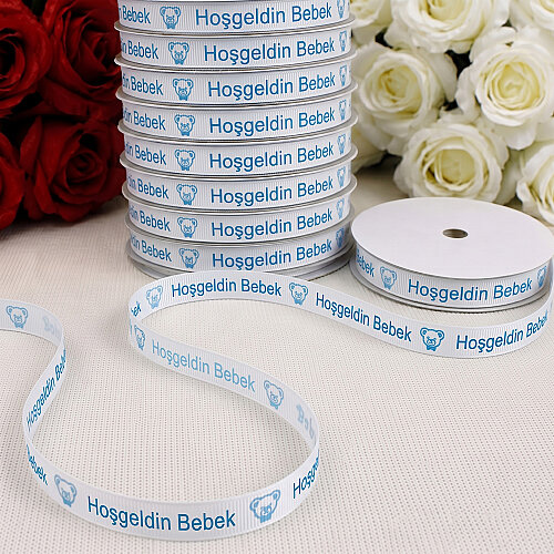 1 cm Hoşgeldin Bebek Ayıcık Baskılı Grogren Kurdele Beyaz 10 Metre - Toptanalim