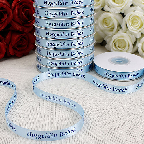 1 cm Hoşgeldin Bebek Baskılı Saten Kurdele Bebe Mavisi 10 Metre - Toptanalim
