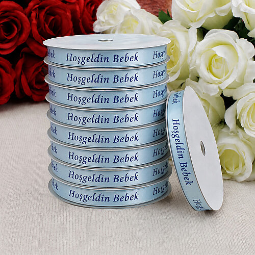1 cm Hoşgeldin Bebek Baskılı Saten Kurdele Bebe Mavisi 10 Metre - Toptanalim (1)