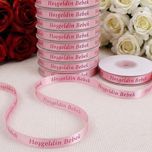 1 cm Hoşgeldin Bebek Baskılı Saten Kurdele Bebe Pembe 10 Metre - Toptanalim