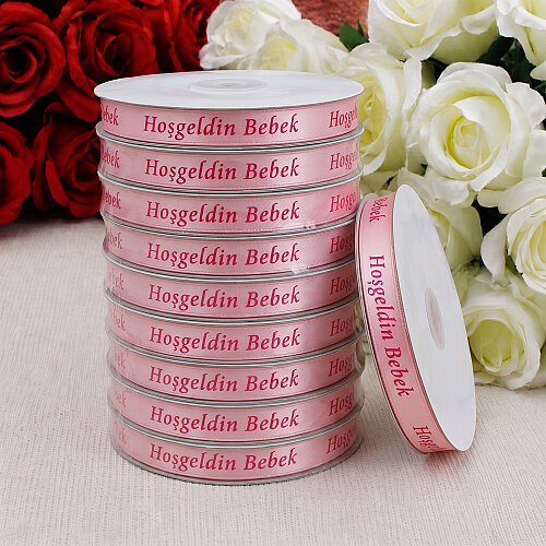 1 cm Hoşgeldin Bebek Baskılı Saten Kurdele Bebe Pembe 10 Metre - Toptanalim (1)