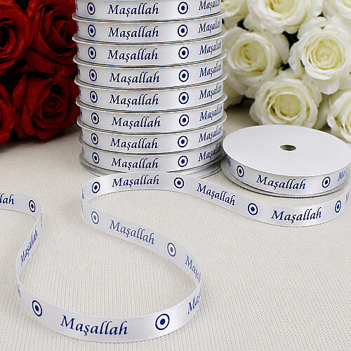 1 cm Maşallah Nazar Boncuğu Baskılı Saten Kurdele Beyaz 10 Metre - Toptanalim