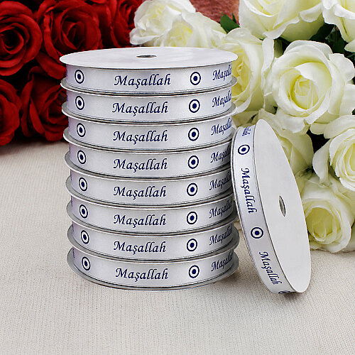 1 cm Maşallah Nazar Boncuğu Baskılı Saten Kurdele Beyaz 10 Metre - Toptanalim (1)