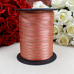 1 cm Gold Simli Şeritli Somon Saten Kurdele 250 Metre Makara - 3