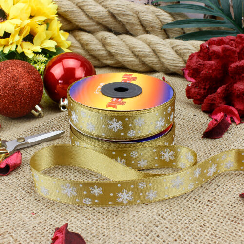 2 Cm Varak Gold Baskılı Saten Yılbaşı Kurdele Gold - Kare Dekor (1)