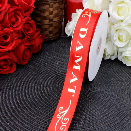  2,5 cm Saten Damat Baskılı Kurdele Kırmızı (50 metre) - Toptanalim