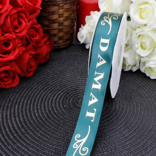 2,5 cm Saten Damat Baskılı Kurdele Yeşil (50 metre) - Toptanalim