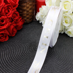 2,5 cm Saten Gelin Baskılı Kurdele Beyaz (50 metre) - 1