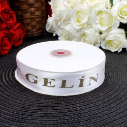 2,5 cm Saten Gelin Baskılı Kurdele Beyaz (50 metre) - 2