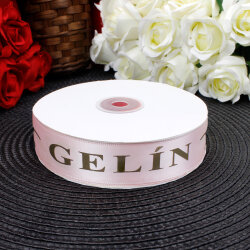 2,5 cm Saten Gelin Baskılı Kurdele Pembe (50 metre) - 2