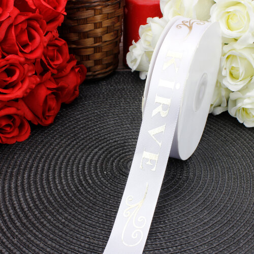 2,5 cm Saten Kirve Baskılı Kurdele Beyaz (50 metre) - Toptanalim