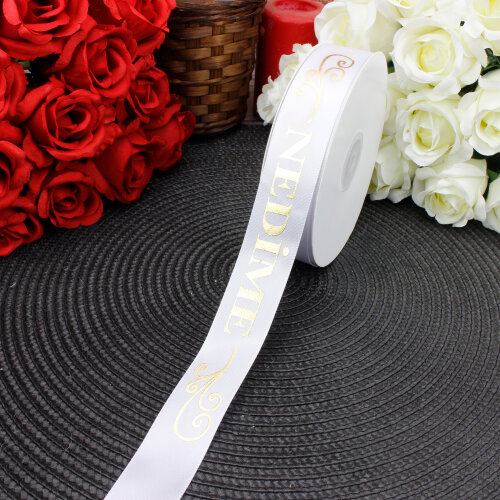 2,5 cm Saten Nedime Baskılı Kurdele Beyaz (50 metre) - Toptanalim