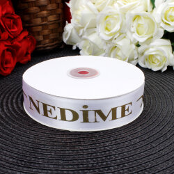 2,5 cm Saten Nedime Baskılı Kurdele Beyaz (50 metre) - 2