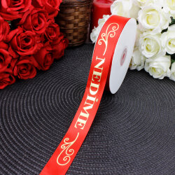 2,5 cm Saten Nedime Baskılı Kurdele Kırmızı (50 metre) - 1