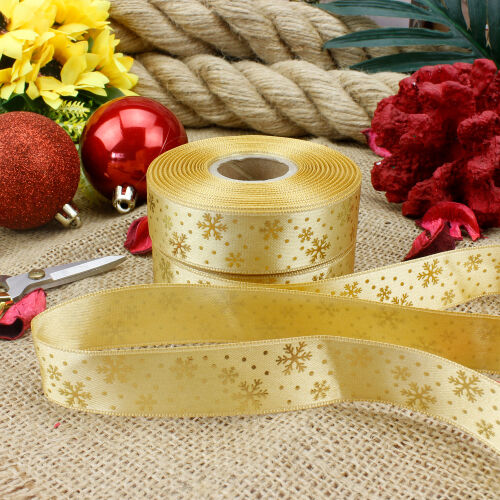 2,5 Cm Varak Gold Baskılı Saten Yılbaşı Kurdele Gold - Kare Dekor (1)
