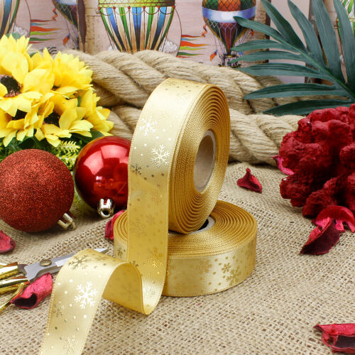 2,5 Cm Varak Gold Baskılı Saten Yılbaşı Kurdele Gold - Kare Dekor