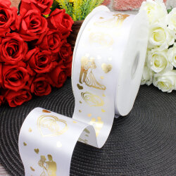 6 cm Saten Gelin Damat Baskılı Kurdele Beyaz (92 metre) - 1