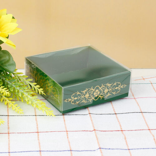 Desenli Altı Yeşil Karton Üstü Asetat Kutu 8x8x3CM - Kare Dekor