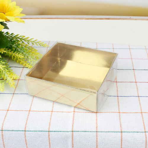 Altı Gold Karton Üstü Asetat Kutu 9x9x3CM - Kare Dekor