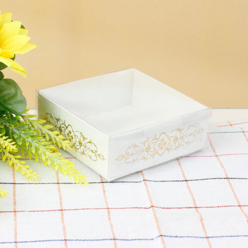 Desenli Altı Beyaz Karton Üstü Asetat Kutu 8x8x3CM - Kare Dekor