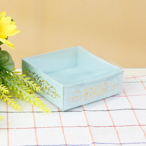 Desenli Altı Mavi Karton Üstü Asetat Kutu 8x8x3CM - Kare Dekor