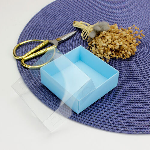 Altı Mavi Karton Üstü Asetat Kutu 8x8x3CM - Kare Dekor