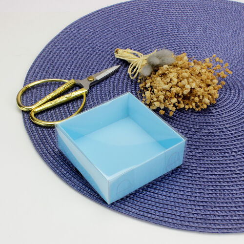 Altı Mavi Karton Üstü Asetat Kutu 8x8x3CM - Kare Dekor (1)
