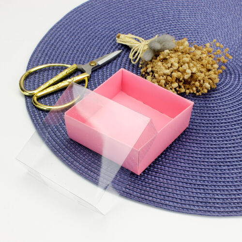 Altı Pembe Karton Üstü Asetat Kutu 8x8x3CM - Kare Dekor