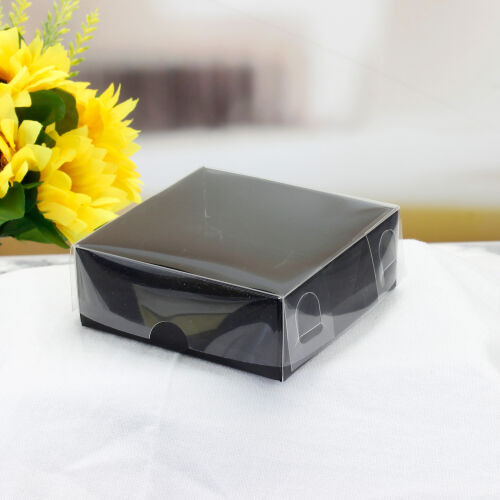 Altı Siyah Karton Üstü Asetat Kutu 8x8x3CM - Kare Dekor