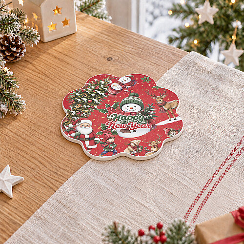 Asorti Dalgalı Kenarlı Polyester Yılbaşı Hediyelik Bardak Altlığı - 6