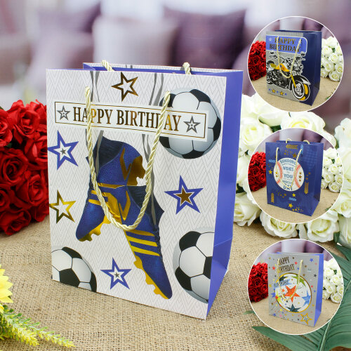 Asorti Happy Birthday Futbol Desen Hediyelik Karton Çanta - Kare Dekor