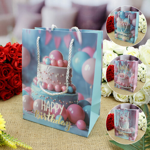 Asorti Happy Birthday Pasta Desen Hediyelik Karton Çanta - Kare Dekor