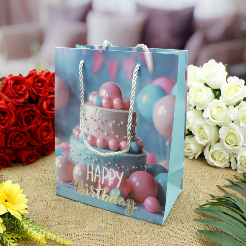 Asorti Happy Birthday Pasta Desen Hediyelik Karton Çanta - Kare Dekor (1)