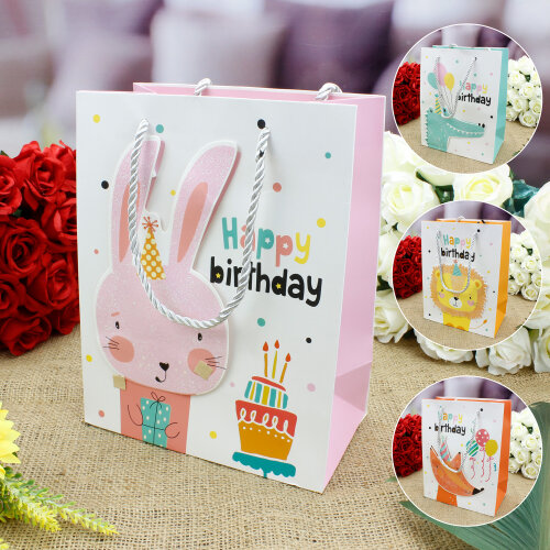 Asorti Happy Birthday Safari Desen Hediyelik Karton Çanta - Kare Dekor