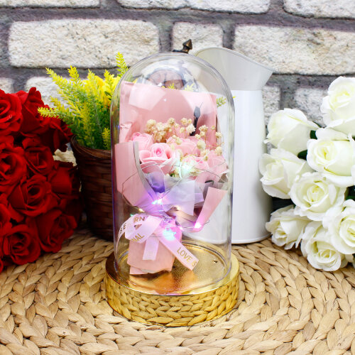 Asorti Mini Gül Buketi Işıklı Gold Fanus - 5