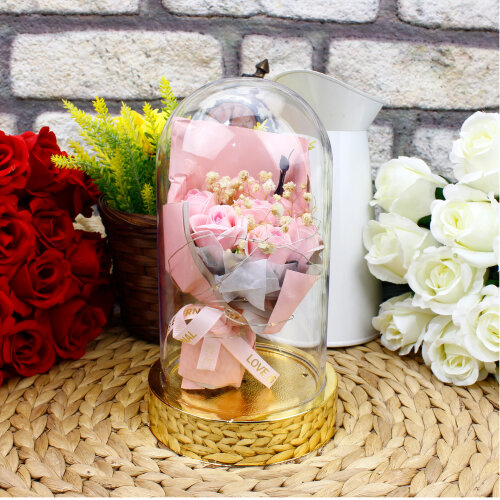 Asorti Mini Gül Buketi Işıklı Gold Fanus - 6