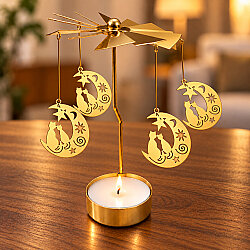  Ay Üzerinde Kedi Figürlü Isı ile Dönen Metal Tealight Mumluk Gold - 1