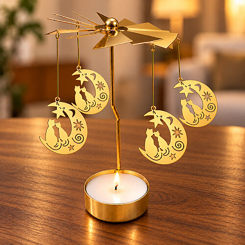 Ay Üzerinde Kedi Figürlü Isı ile Dönen Metal Tealight Mumluk Gold - Toptanalim