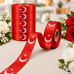Ay Yıldız Baskılı Saten Kurdele Kırmızı 3 cm 20 Metre - 1