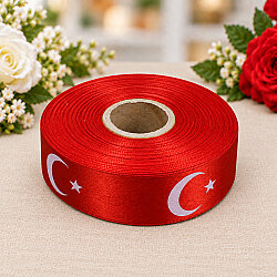Ay Yıldız Baskılı Saten Kurdele Kırmızı 3 cm 20 Metre - 2