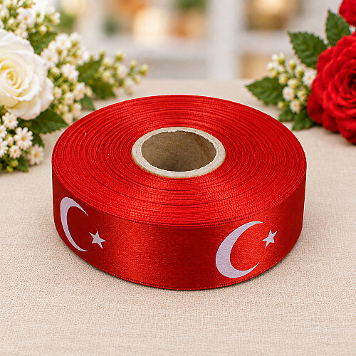 Ay Yıldız Baskılı Saten Kurdele Kırmızı 3 cm 20 Metre - Toptanalim (1)