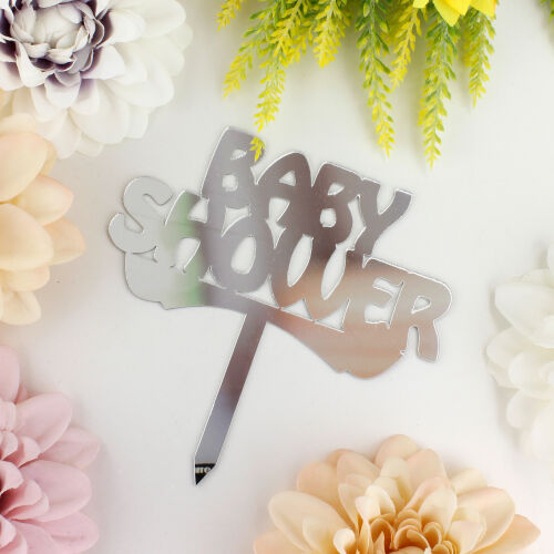 Baby Shower Yazılı Pasta Süsü Gümüş Renk - Kare Dekor (1)