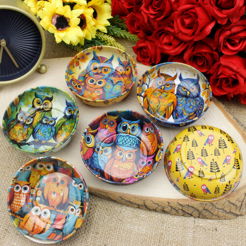 Baykuş Desenli Teneke Kase 9,5 CM - Kare Dekor