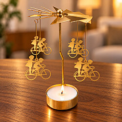 Bisikletli Çift Figürlü Isı ile Dönen Metal Tealight Mumluk Gold - 1