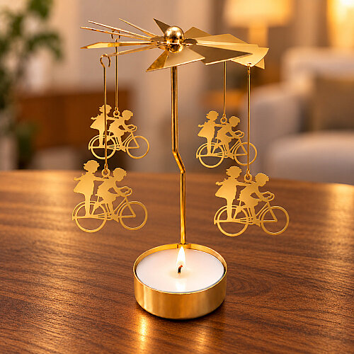 Bisikletli Çift Figürlü Isı ile Dönen Metal Tealight Mumluk Gold - Toptanalim