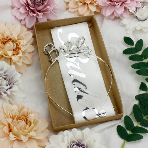 Bride To Be Gümüş Renk Taç Kuşak Seti Beyaz - Kare Dekor (1)