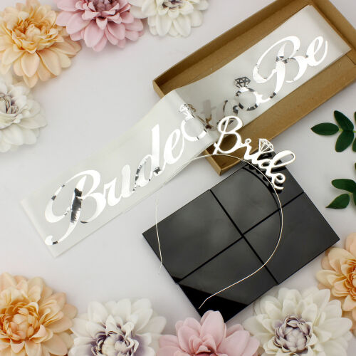 Bride To Be Gümüş Renk Taç Kuşak Seti Beyaz - Kare Dekor